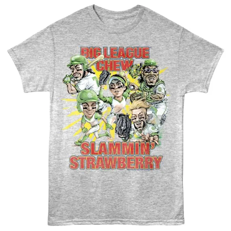 Fun baseball graphic tee featuring cartoon players and bold text for sports fans.