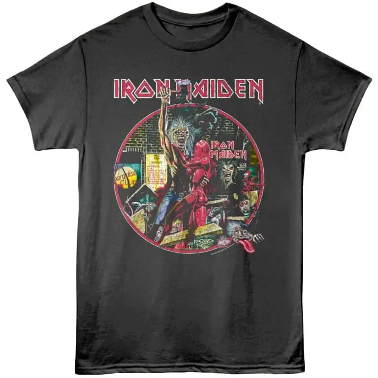 Classic Iron Maiden band tee featuring bold artwork of monsters and graffiti-inspired elements, ideal for rock music enthusiasts.
