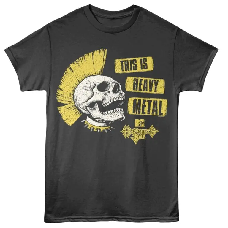 A black T-shirt featuring a skull and bold "This is Heavy Metal" text, perfect for metal music fans and rock enthusiasts.