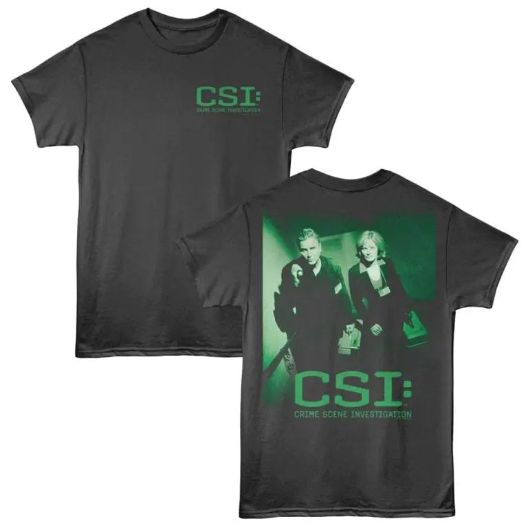 Invest in unique CSI-themed T-shirt for crime scene investigation fans, featuring detailed graphics on front and back.
