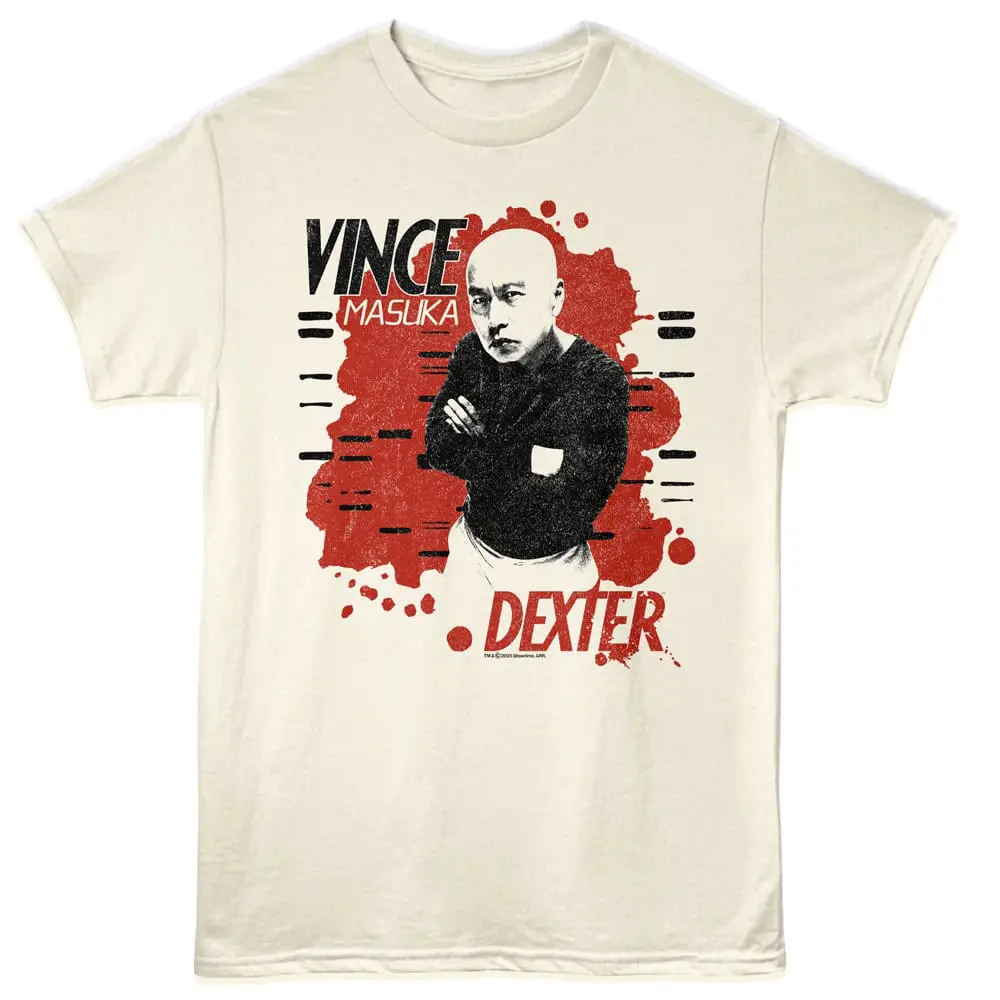 Vince Masuka from Dexter TV show printed on a stylish graphic t-shirt, perfect for Dexter fans and pop culture enthusiasts.
