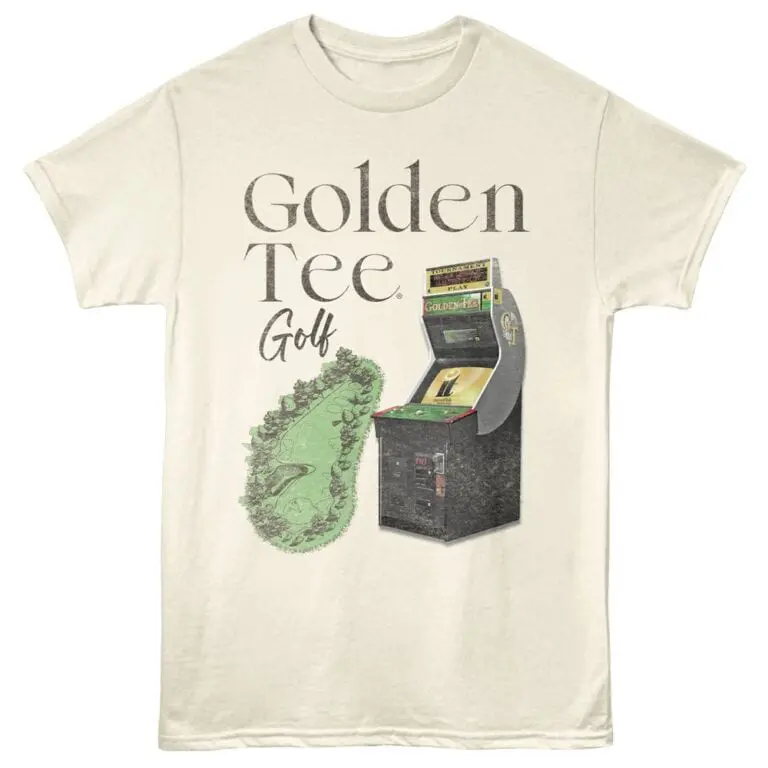 Vintage Golden Tee Golf arcade game graphic t-shirt for golf and gaming enthusiasts.
