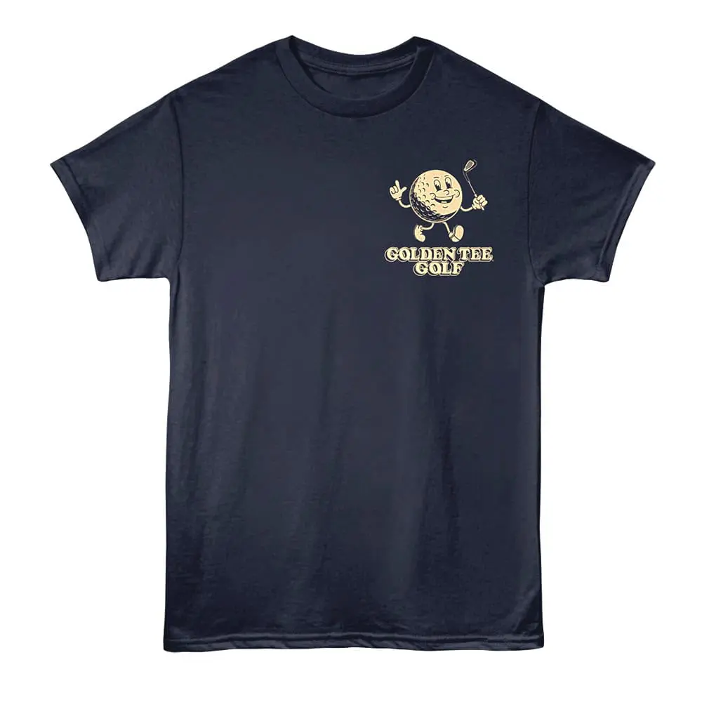 A navy blue t-shirt featuring a playful golf ball character holding a club with "Golden Tee Golf" text. Perfect for golf enthusiasts.