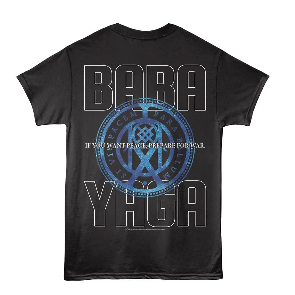 Black T-shirt featuring "Baba Yaga" and mystical symbols for fans of folklore and fashion.