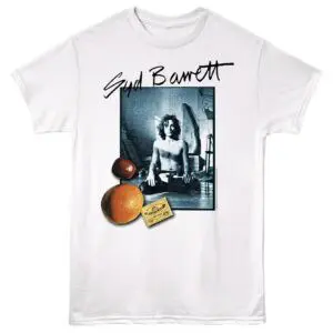 Black and white Syd Barrett album cover graphic on a white tee with fruit and money embellishments.