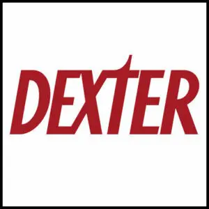 Bold Dexter logo on white background, stylish graphic T-shirt design.