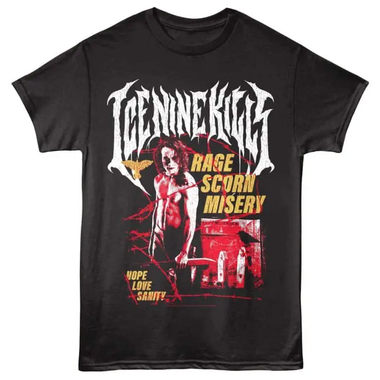 Dark horror-themed graphic T-shirt with a distressed woman, barbed wire, and gothic text.