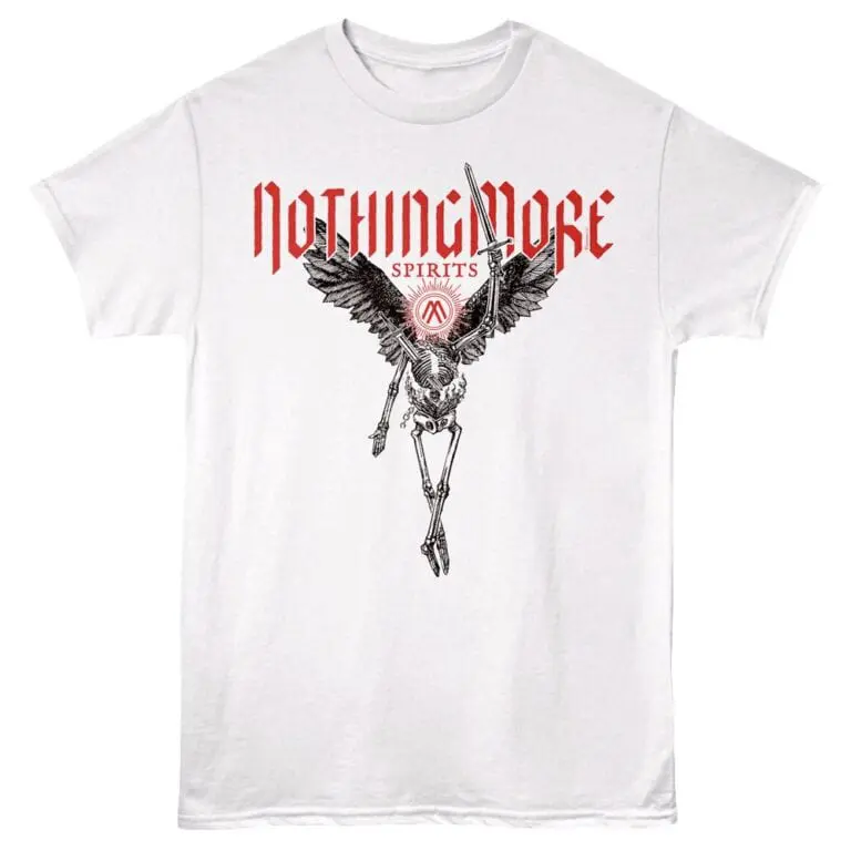 Graphic tee featuring skeletal bird with sixties-style text and logo design. Perfect for music and streetwear fans.