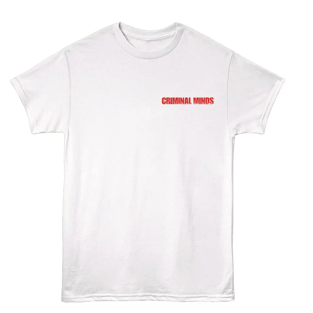 White tee with "CRIMINAL MINDS" red text design, perfect for fans of crime TV shows.