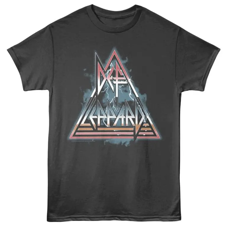 Metal band graphic T-shirt with lightning and geometric design for music fans.