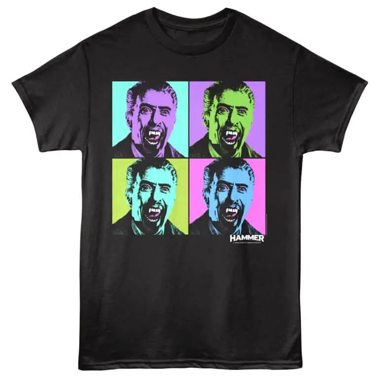 Vampire pop art design on black t-shirt with bold, vibrant colors for a modern, edgy look.