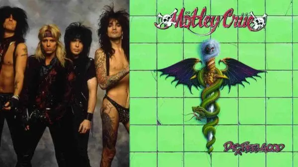 Vivid Motley Crue band photo with members in punk style, alongside Dr. Feelgood album cover featuring a snake and sword graphic.