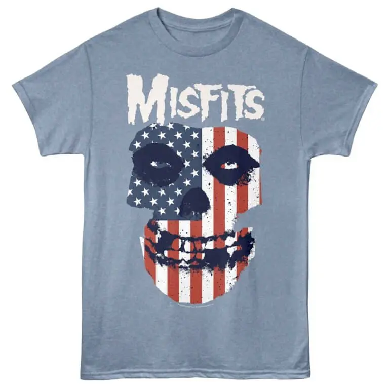Distressed skull with US flag design, band t-shirt, punk rock, horror graphic tee, patriotic skull shirt, American flag face.