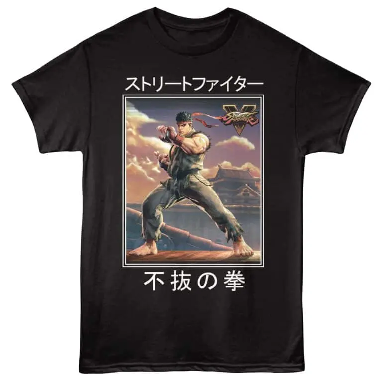 High-quality Street Fighter graphic tee showcasing Ryu in a dynamic pose with Japanese characters, ideal for gamers and anime fans.