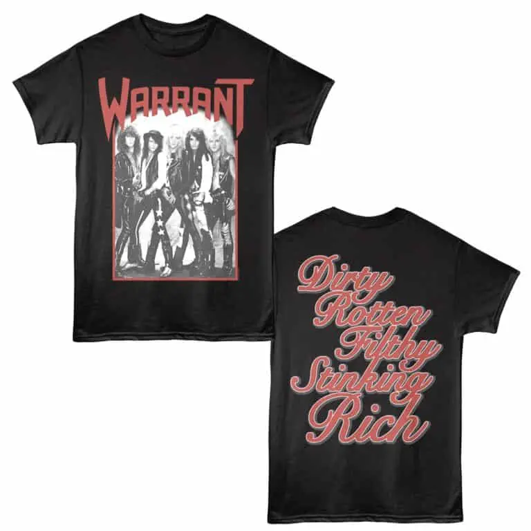 Black T-shirt featuring Warrants band logo, vintage rock vibe, and bold graphic print.