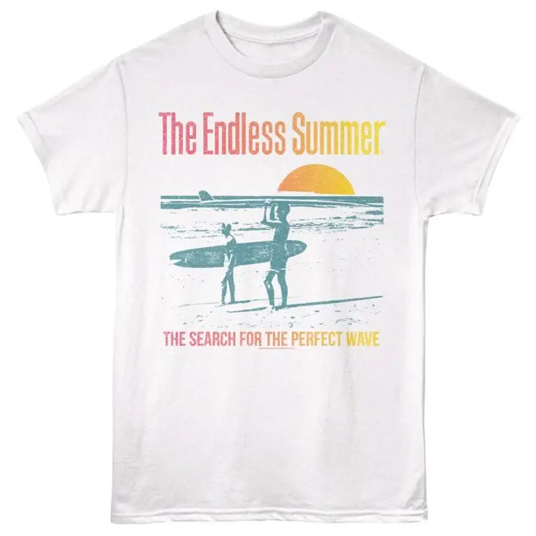 Vibrant "The Endless Summer" surf-themed T-shirt with sunset and wave design, perfect for summer lovers.