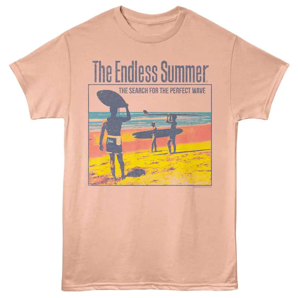 Colorful summer beach t-shirt with surfers and ocean scene, perfect for beach lovers and summer fashion.