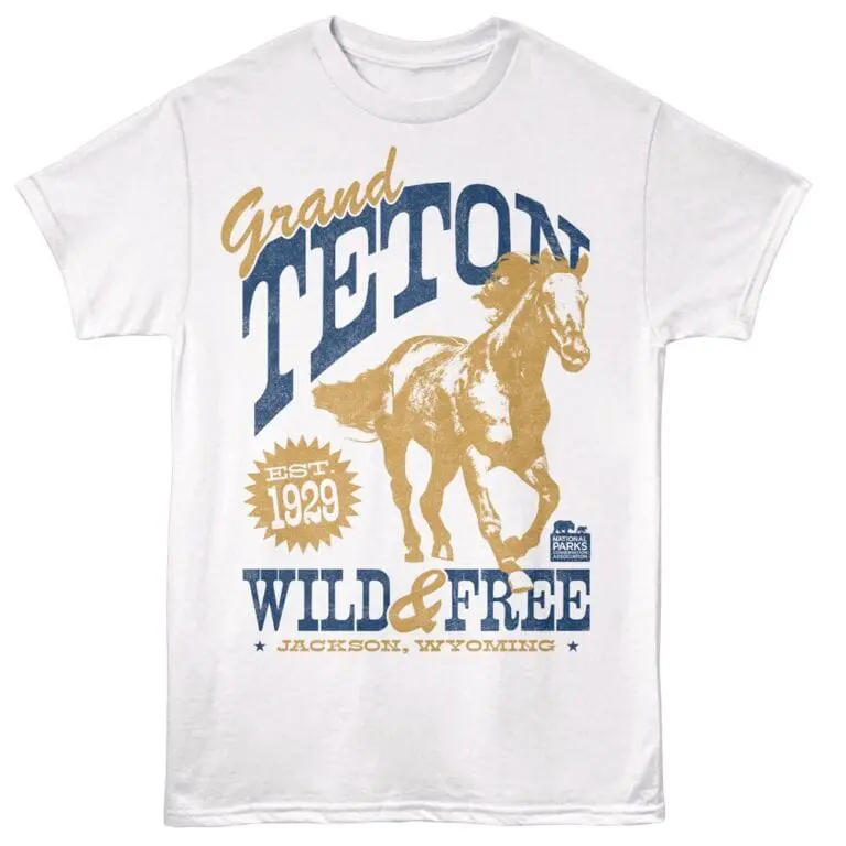 Vintage Grand Teton National Park T-shirt with wolf design in blue and gold.