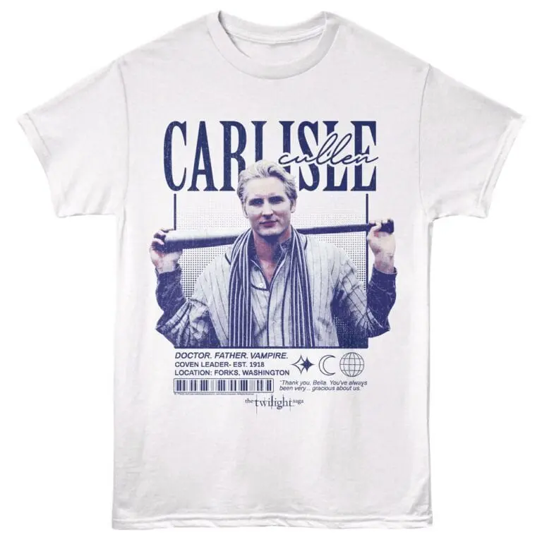 Graphic t-shirt featuring character from Twilight saga with bold text and vintage style design.
