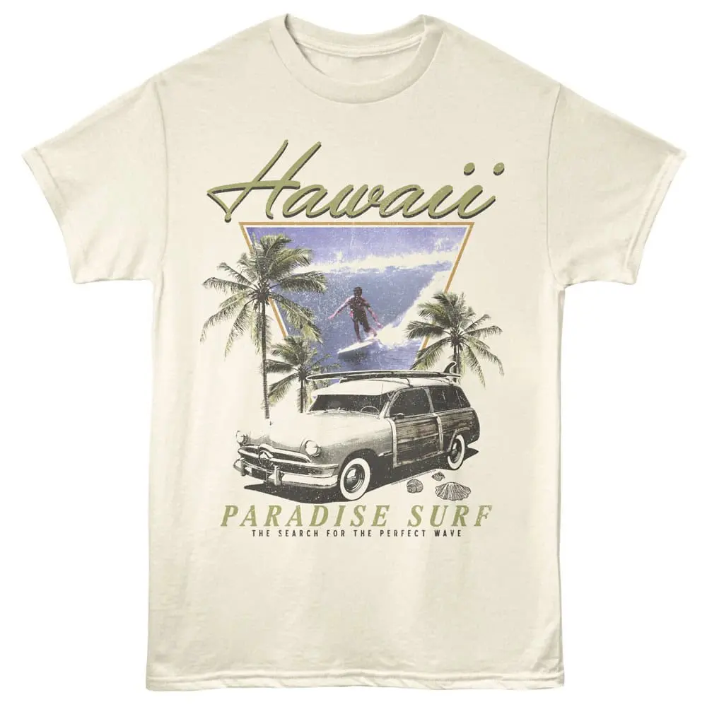 Vintage Hawaii surf t-shirt with palm trees, classic car, and surfer graphic for beach lovers.