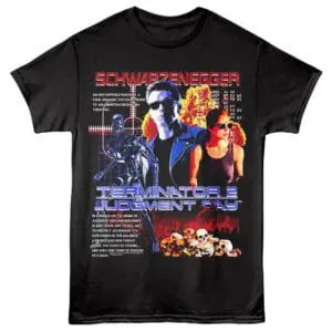 High-quality Terminator 2 Judgement Day graphic T-shirt featuring Schwarzenegger and Sarah Connor. Perfect for movie fans and collectors.