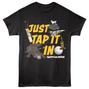 Golf-themed graphic t-shirt with alligator and golf accessories, perfect for golf lovers.