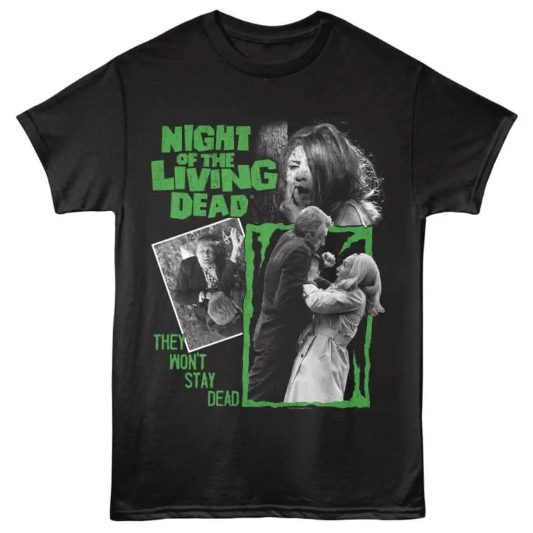 Graphic horror movie t-shirt featuring Night of the Living Dead theme with zombies and suspenseful visuals.