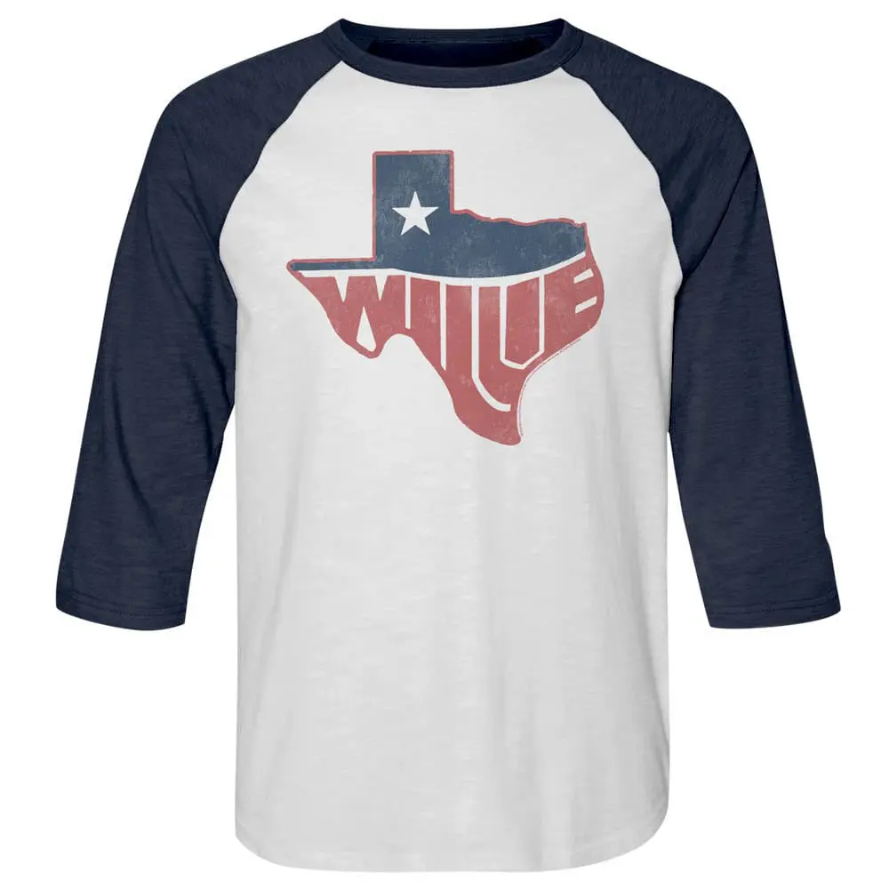 Graphic baseball tee featuring Texas map design with "WHITE" text in distressed style for men's casual wear.