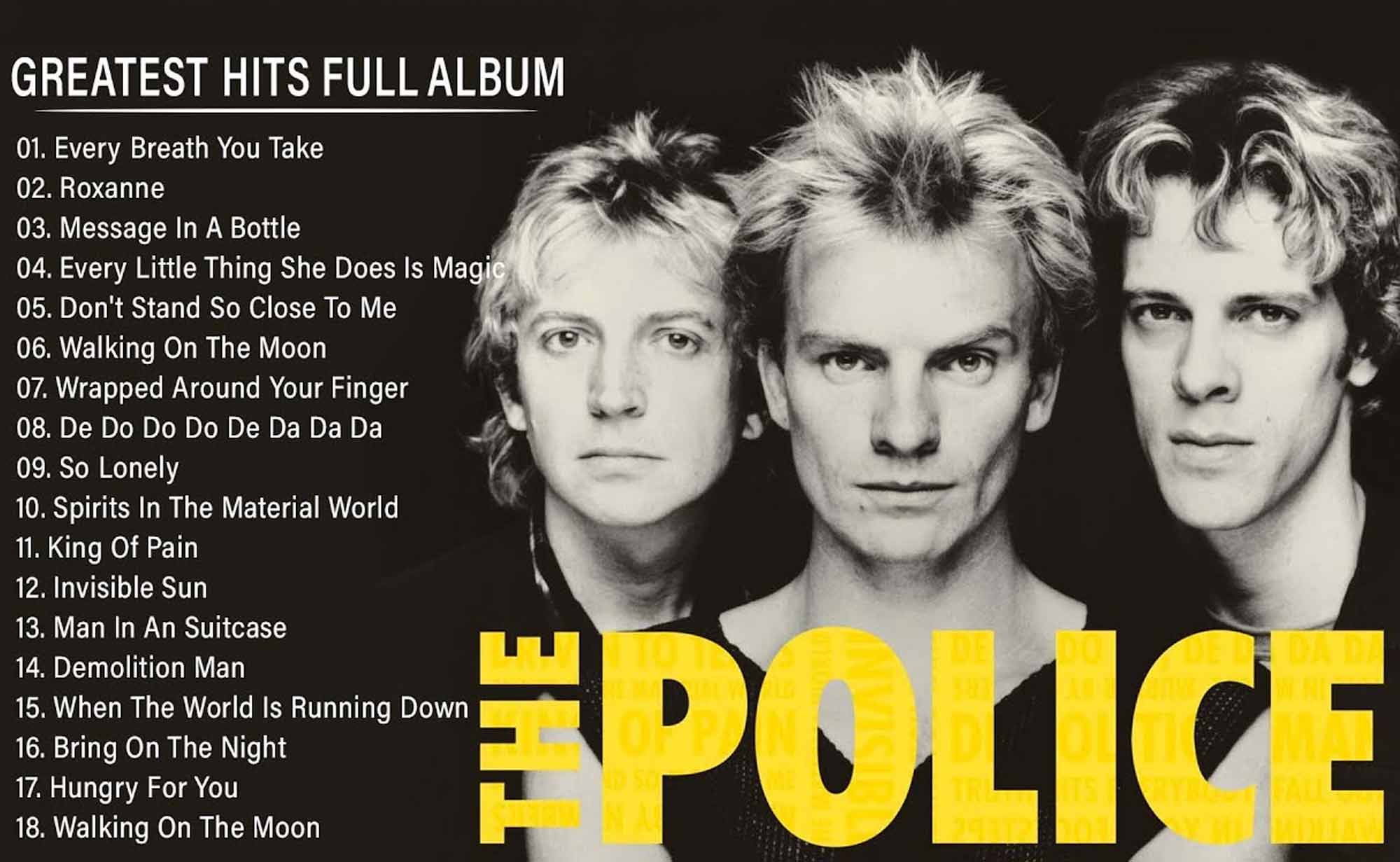 Black and white photo of iconic rock band members with "The Police" text overlayed in bold yellow.