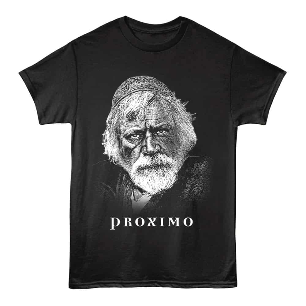 Vintage style black T-shirt featuring an artistic portrait of an elderly man with "PROXIMO" text for unique streetwear fashion.