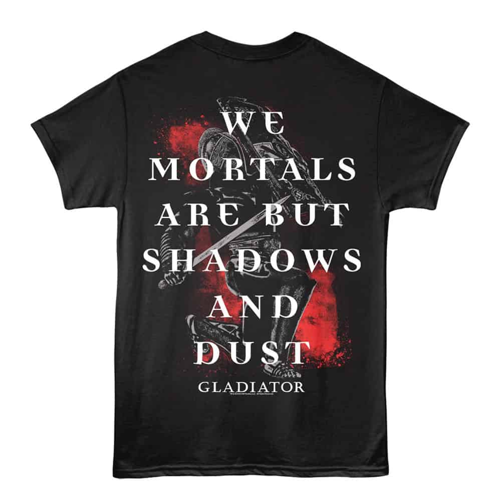 Graphic t-shirt featuring a gladiator with bold text, perfect for fans of warrior and mythological designs.