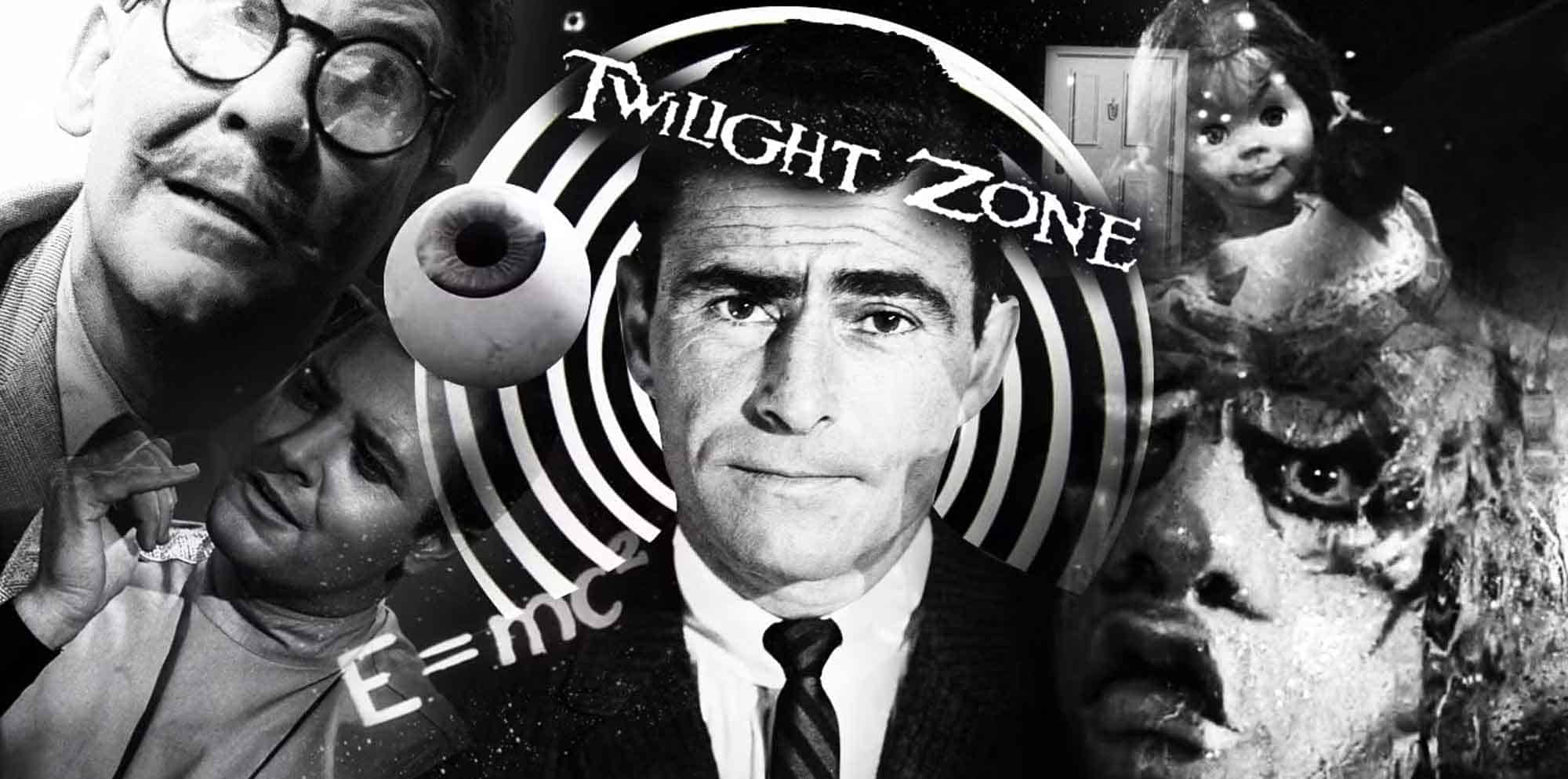A surreal black-and-white collage combining horror, sci-fi, and vintage imagery with bold "Night Zone" text and eye-catching visuals.
