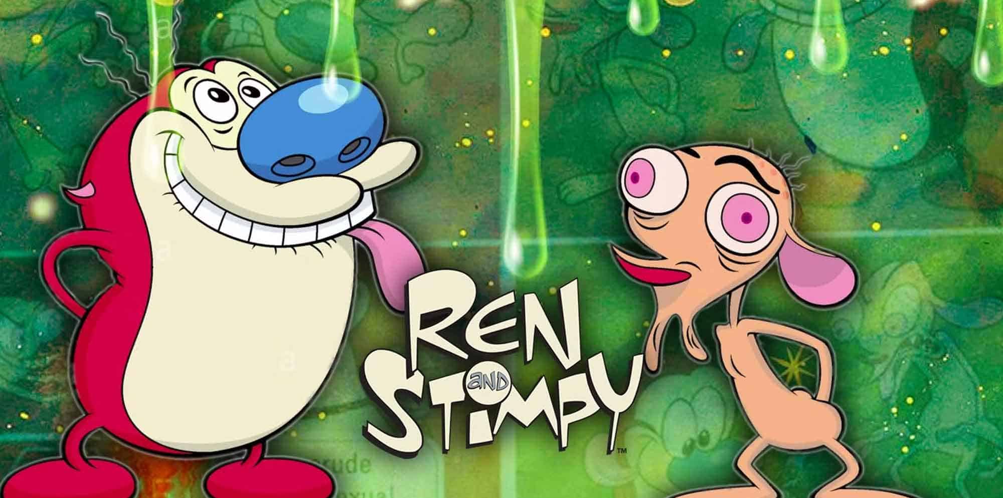 Vibrant animated characters Ren and Stimpy from classic cartoon show.