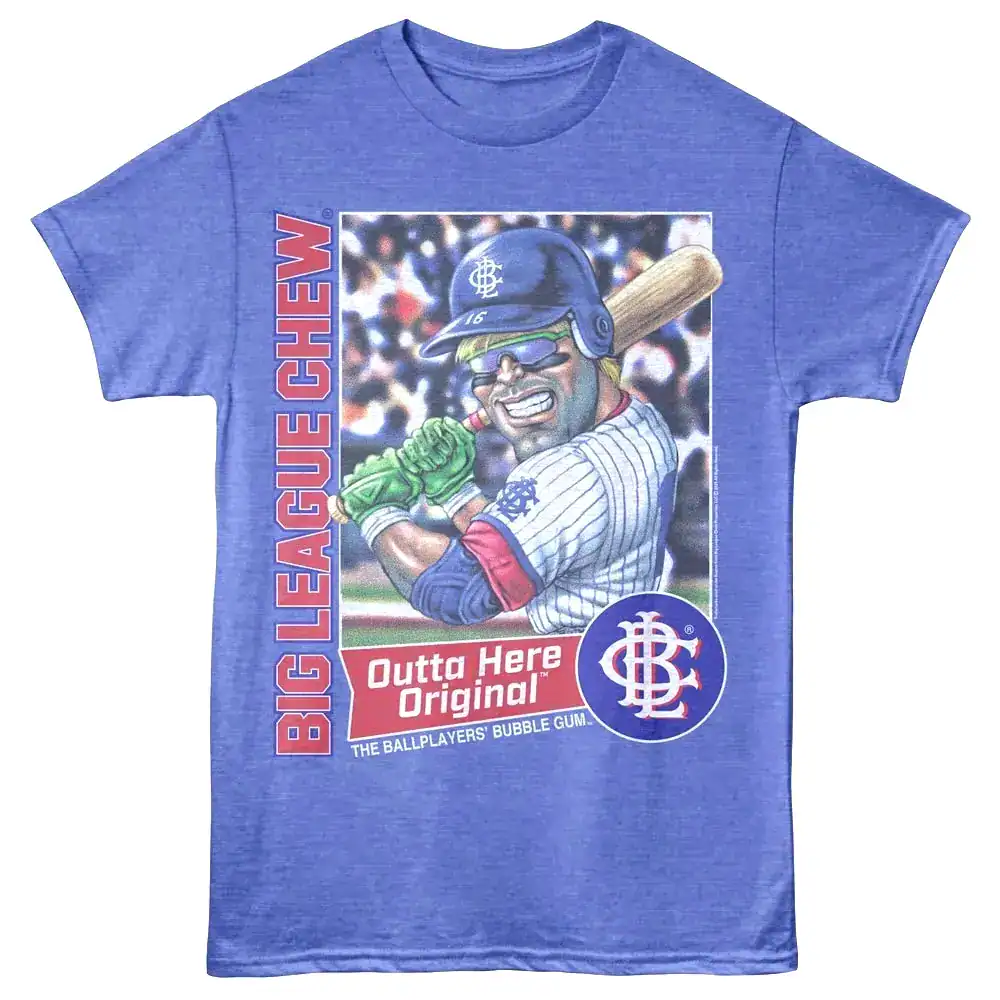 Vibrant blue T-shirt featuring cartoon baseball player and iconic Big League Chew logo for sports fans.