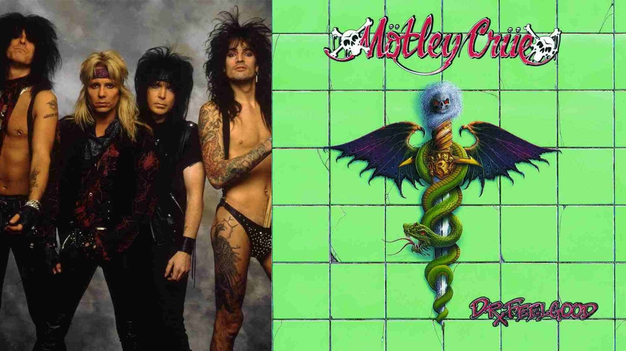 Vivid Motley Crue band photo with members in punk style, alongside Dr. Feelgood album cover featuring a snake and sword graphic.
