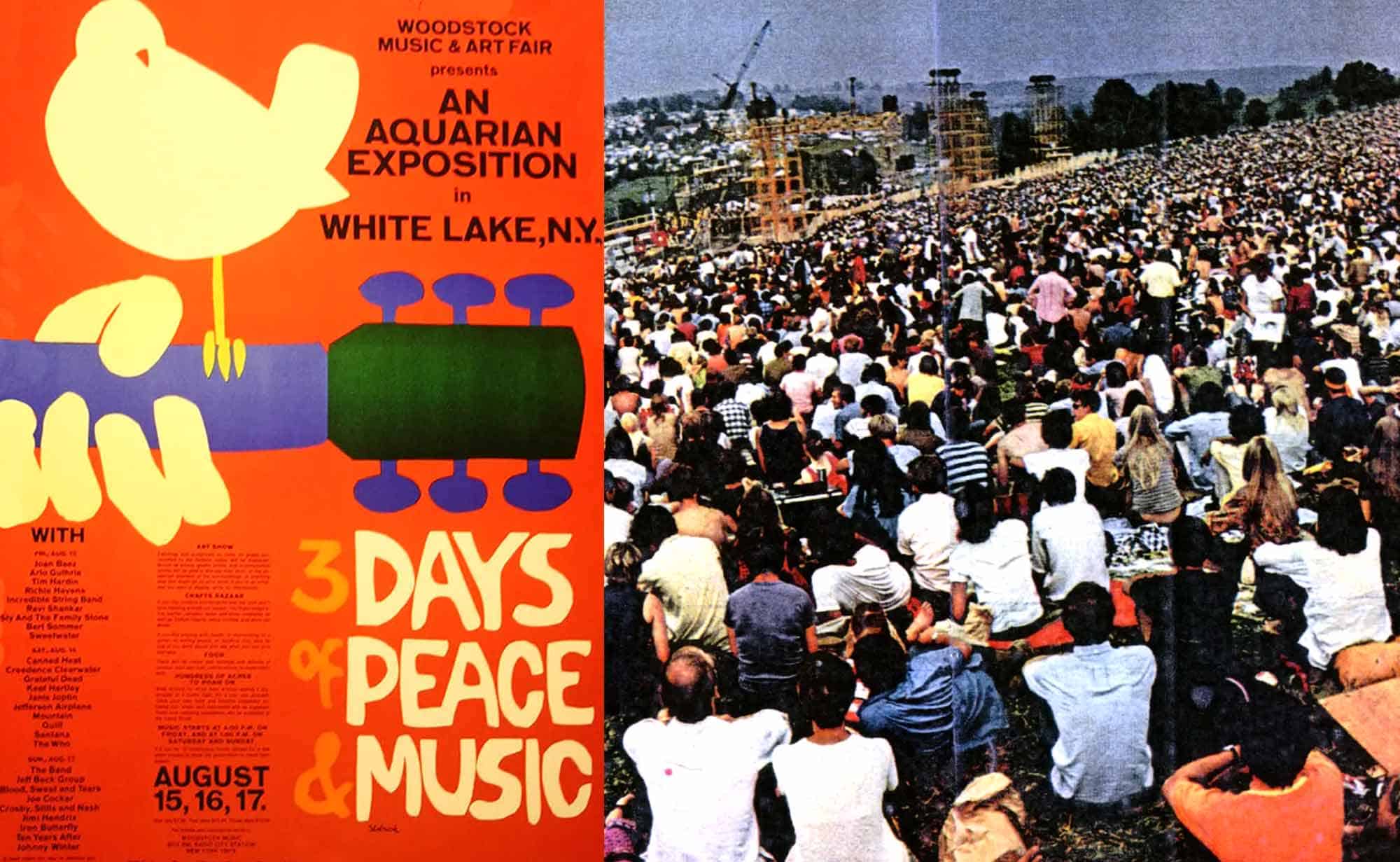 Crowd at Woodstock 1969 music and art festival, outdoor gathering with seated audience.