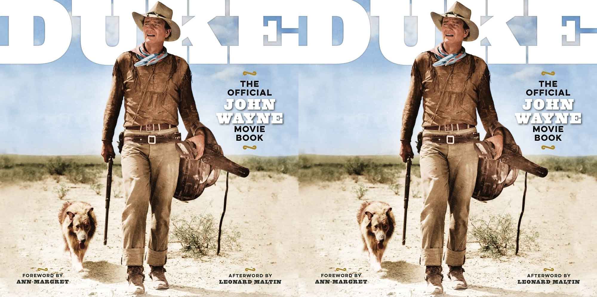 Vintage western movie poster featuring John Wayne with dog in desert landscape.
