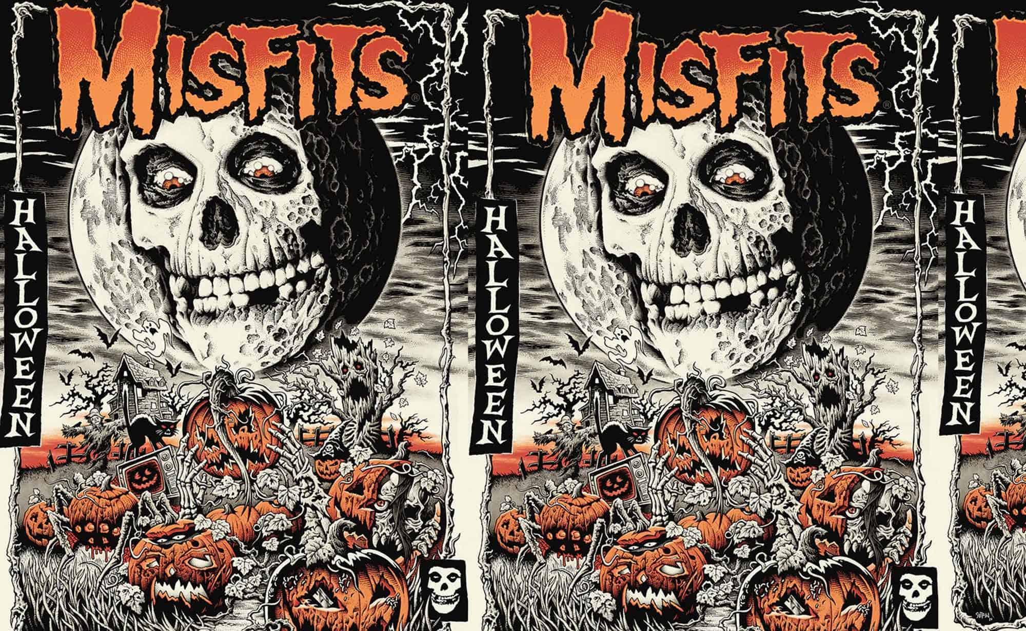 Haunted Halloween skull art with pumpkins, spooky trees, and haunted house scene for trick-or-treating.