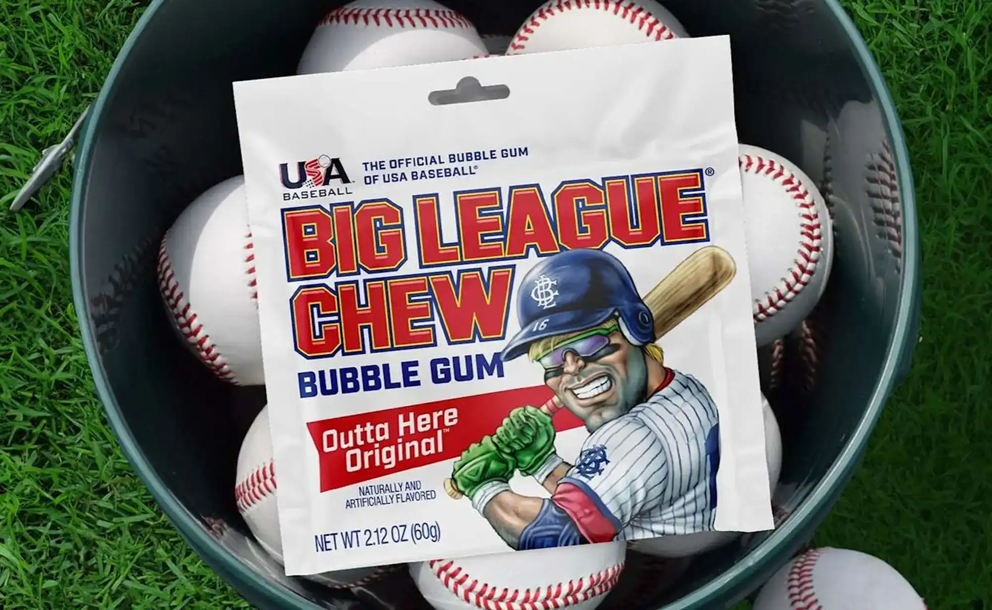 Chewing gum with baseball-themed packaging featuring a cartoon player on the front.