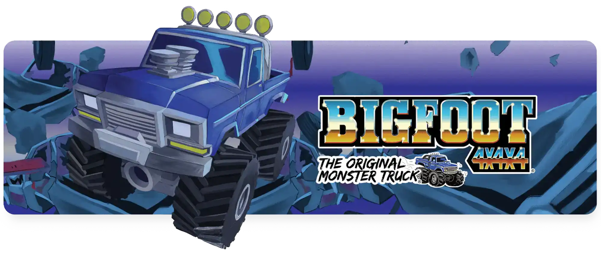 Colorful animated Bigfoot monster truck on rocky terrain featuring rugged tires.