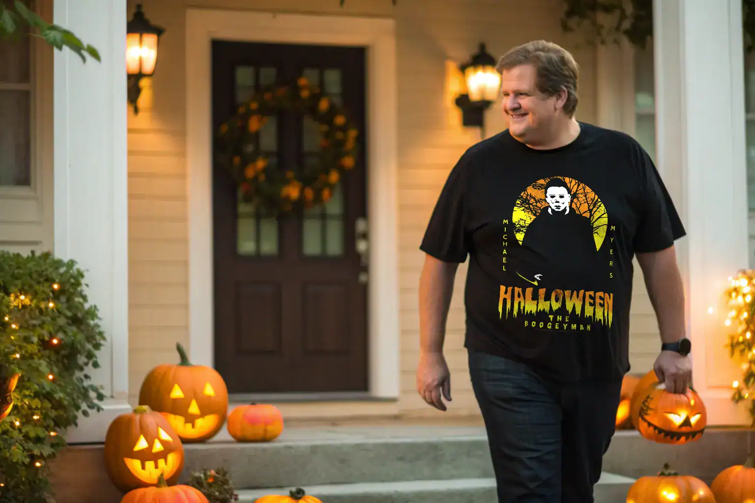 Halloween T-shirt featuring Michael Myers graphic, perfect for spooky celebrations, with carved pumpkins and autumn decor at home porch.