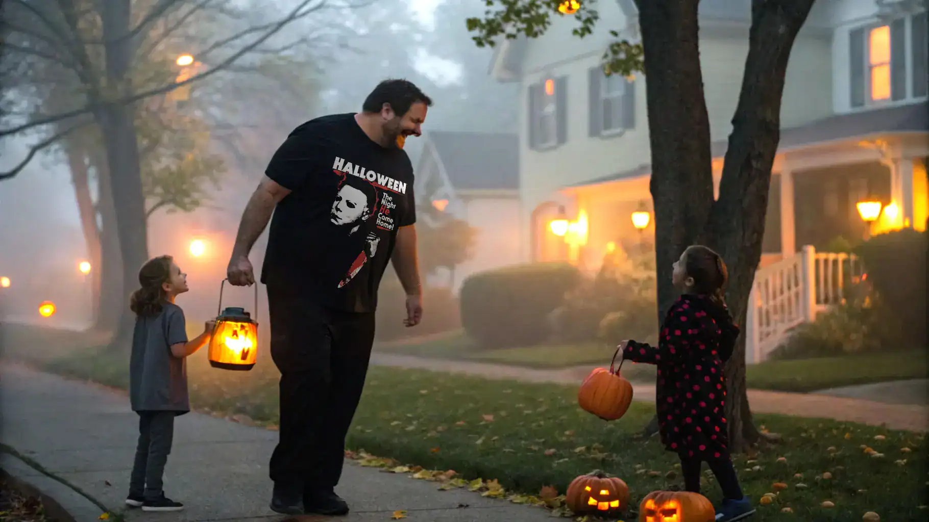 Family enjoying Halloween night with pumpkin lanterns and costumes in neighborhood.