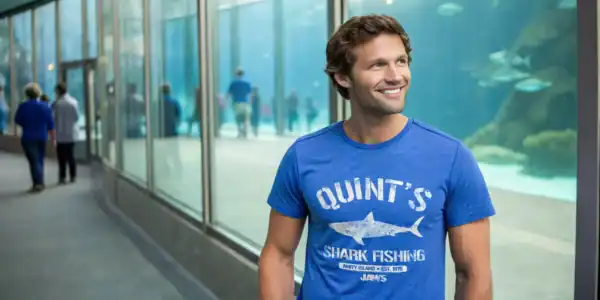 Colorful man in shark-themed T-shirt at aquarium with visitors in background.