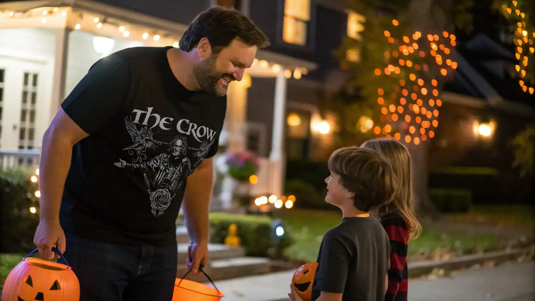 Family enjoying Halloween trick-or-treating outdoors with lanterns, costumes, and festive lighting setup.