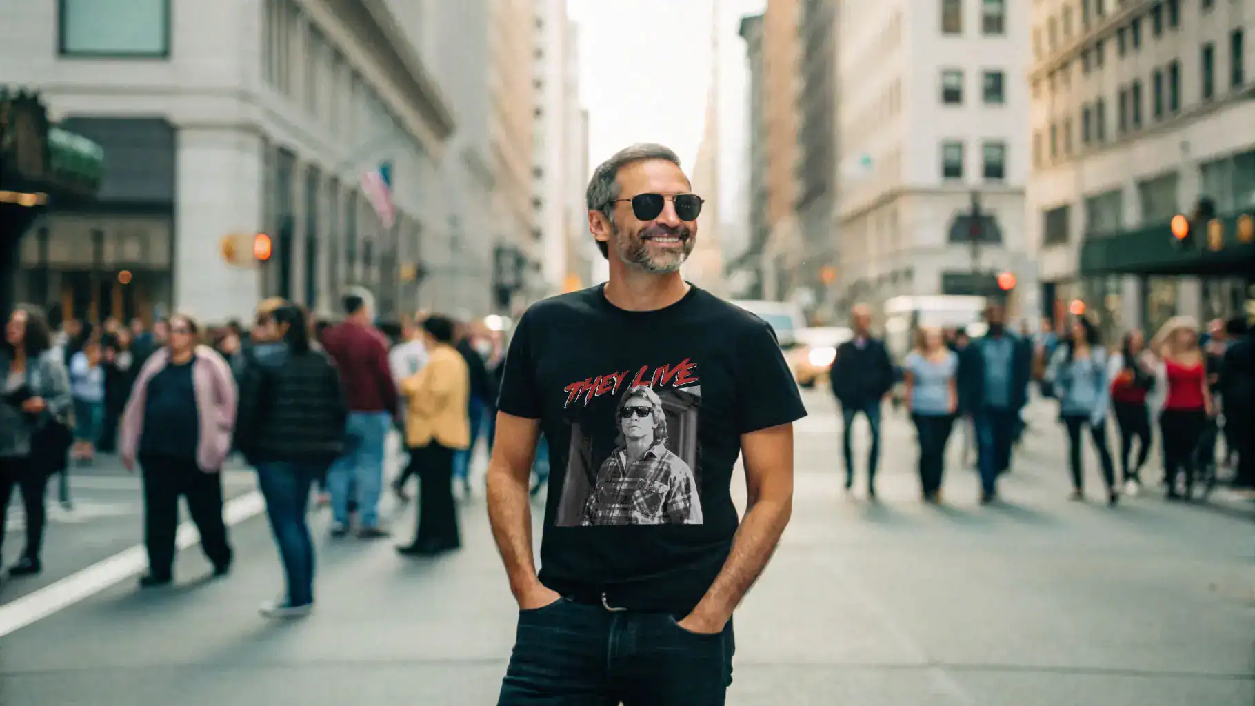 A man with sunglasses smiling while walking in a busy city street, wearing a graphic t-shirt and casual jeans.