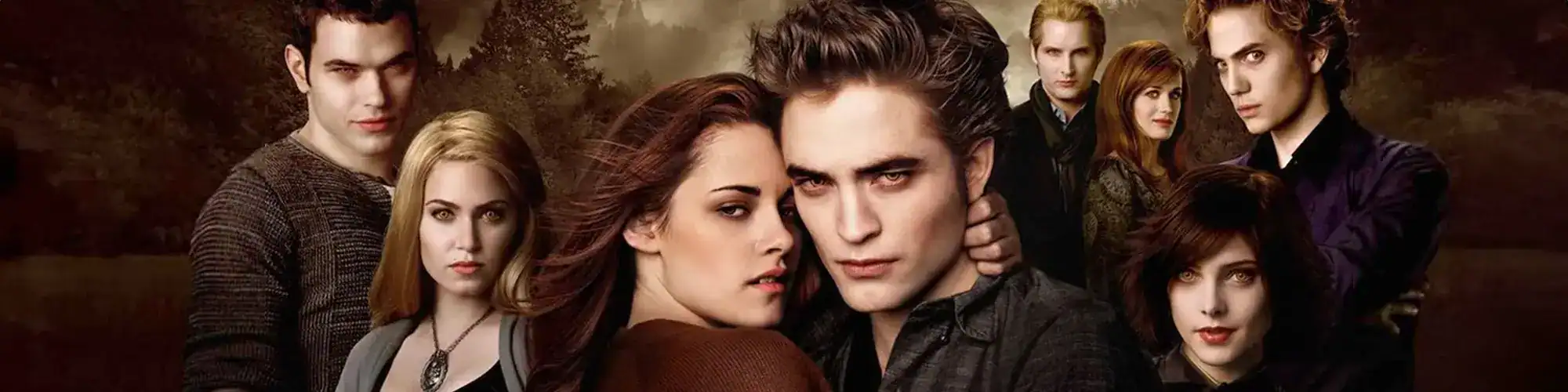 Vampire-themed characters in a dark, mystical outdoor setting, featuring intense expressions and gothic fashion.