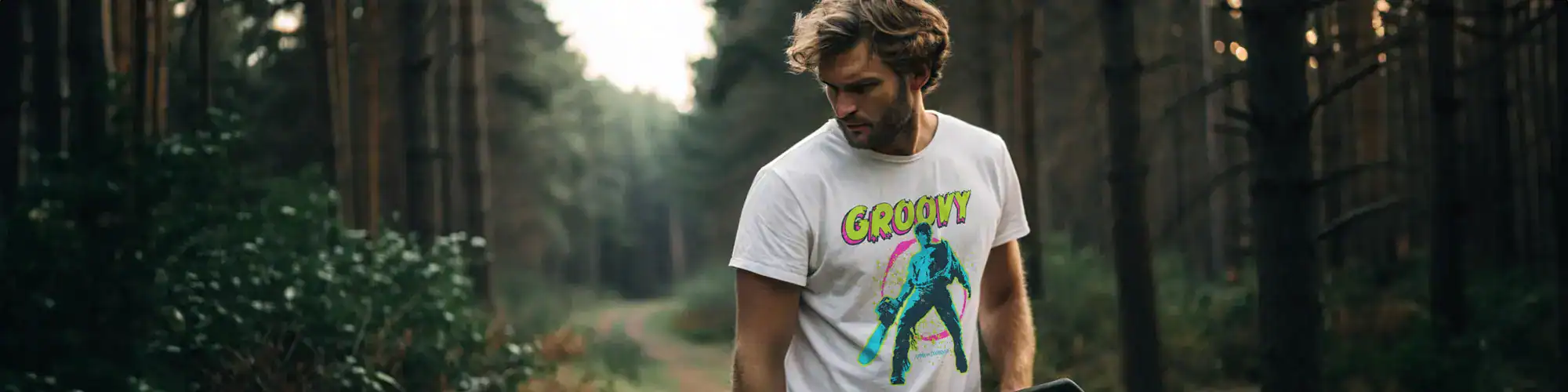 Stylish man wearing groovy skateboard graphic tee outdoors.