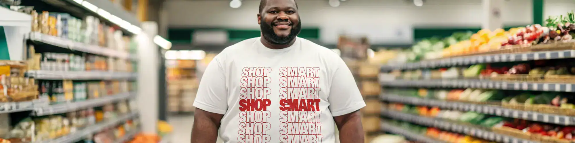Happy man shopping groceries at supermarket aisle.