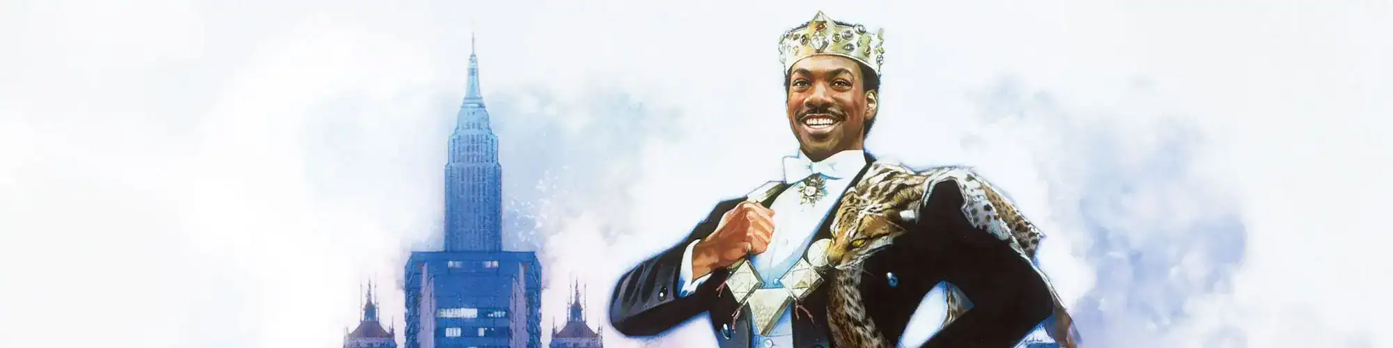 Stylish man wearing crown, royal jewelry, and fur draped over his shoulder in front of cityscape.
