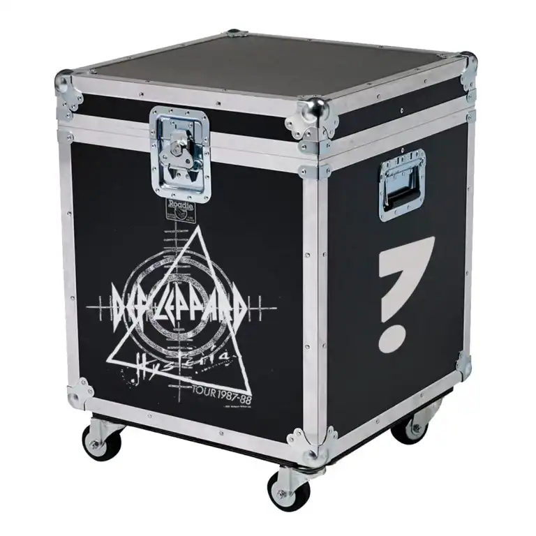 Durable black and silver roadie case with metal hardware and wheels, ideal for transporting guitar gear.
